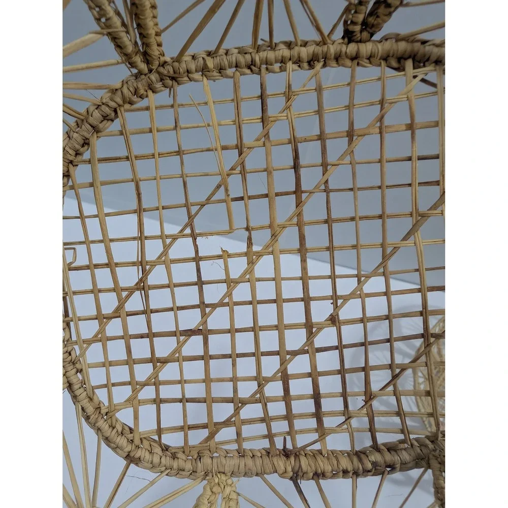 Vintage Boho Wicker Rattan Petal Baskets Set of 2 Natural Straw Trays Handles